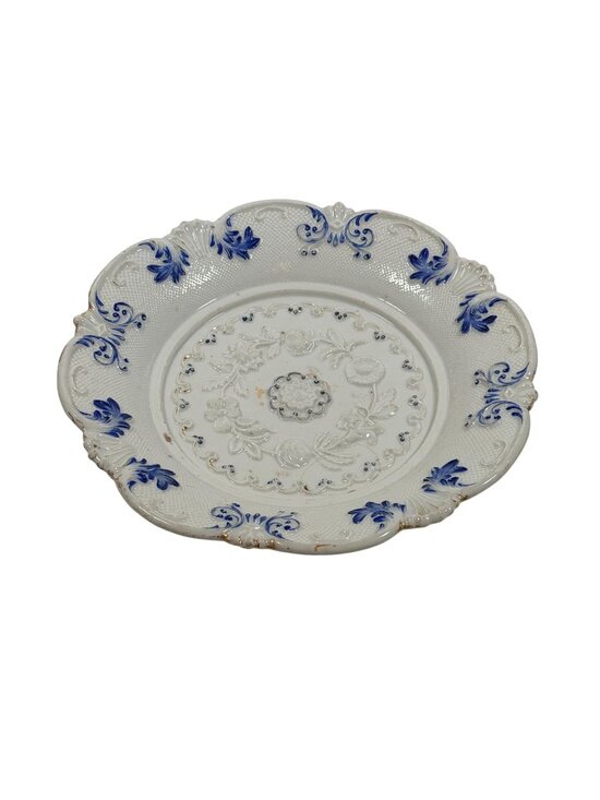 Unknown Other - Antique German White Blue on White Relief Floral Bowl Embossed Scalloped Edges